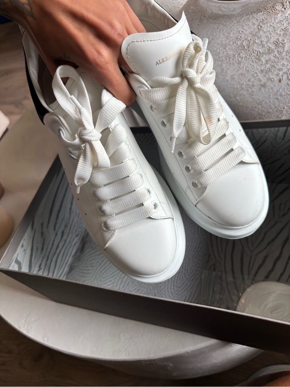 Alexander McQueen White Leather Sneakers with Black Heel Tab - Picture 6 of 11